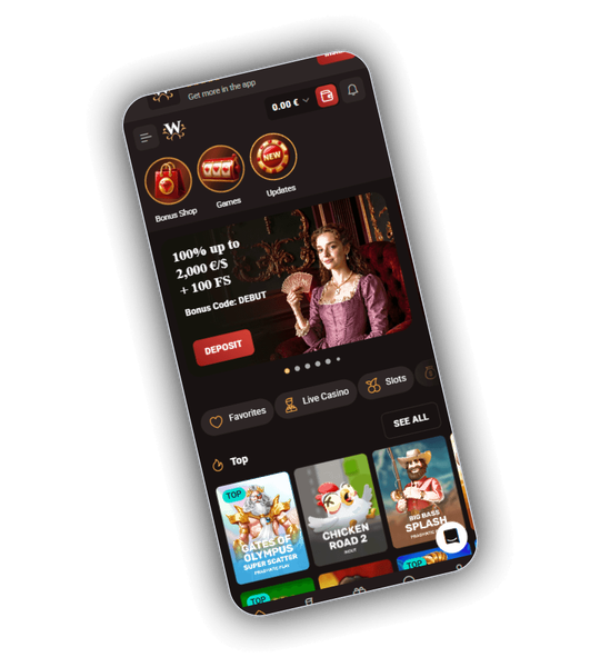 Lobby van Win Kingdom Casino met uitgelichte gokkasten en welkomstbanner